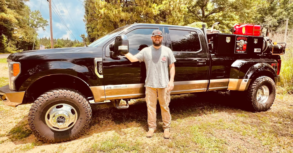 Breaux's Roadside owner-operator with service vehicle, ready for commercial truck tire service
